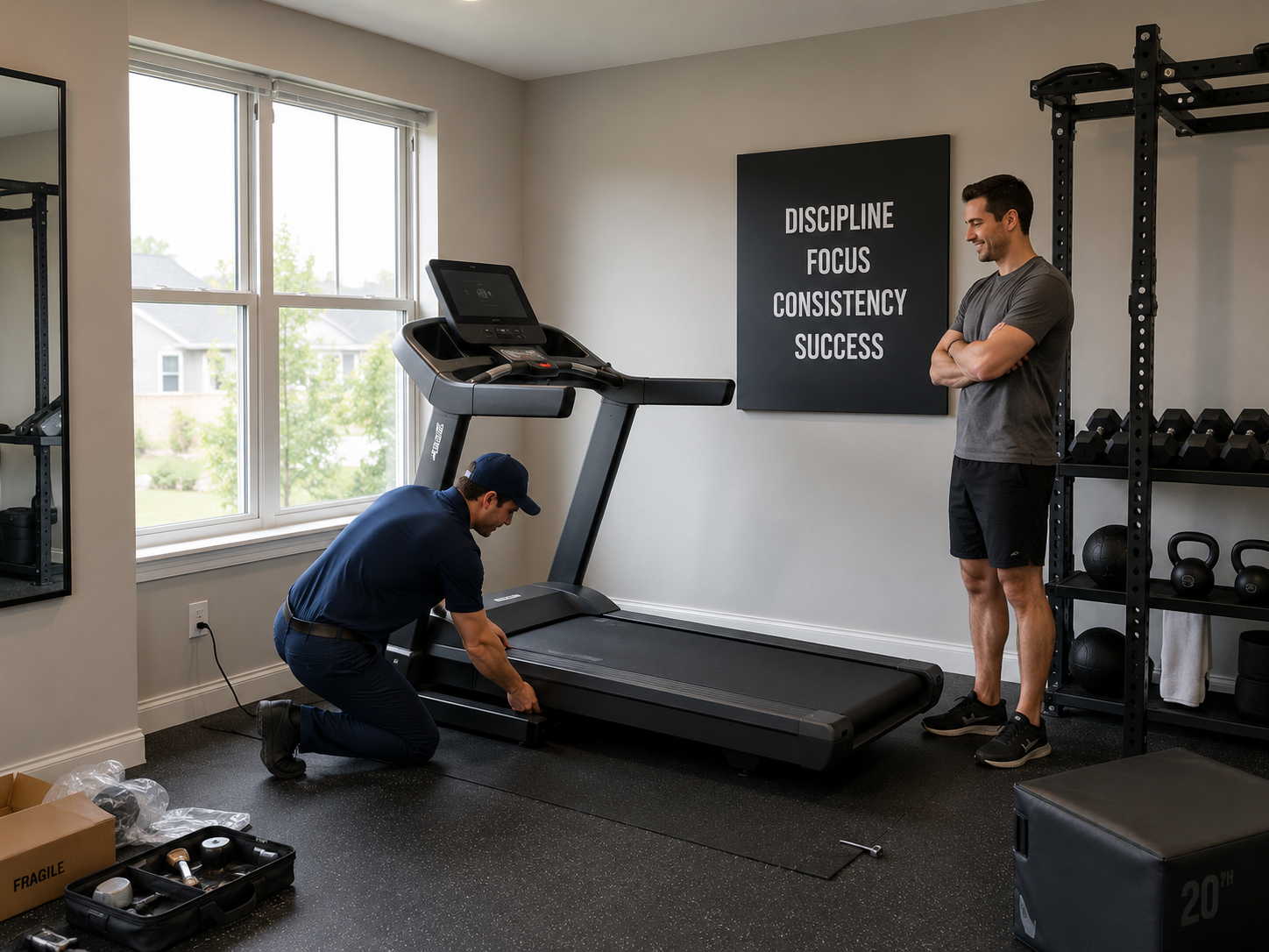 Transmotion technician installing a treadmill in a residential home gym
