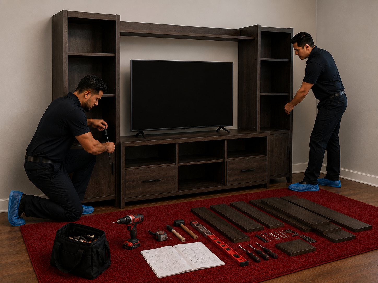 Transmotion crew assembling an entertainment center and shelving