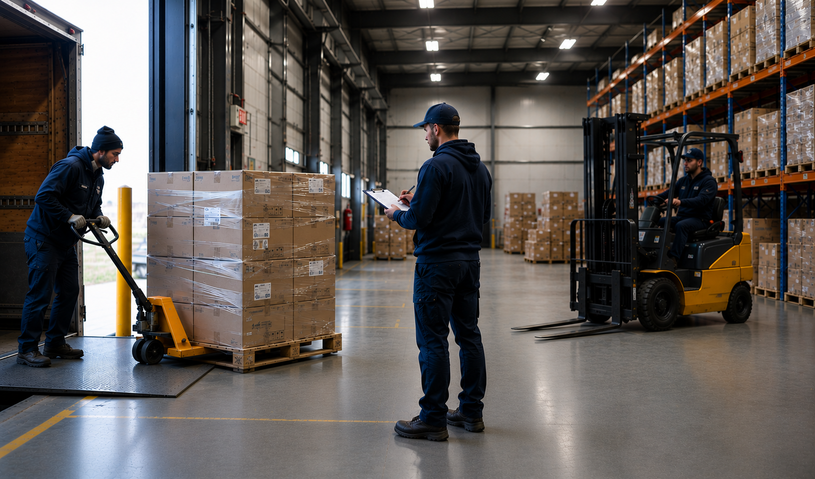 Warehouse crew receiving and inspecting packages on the dock